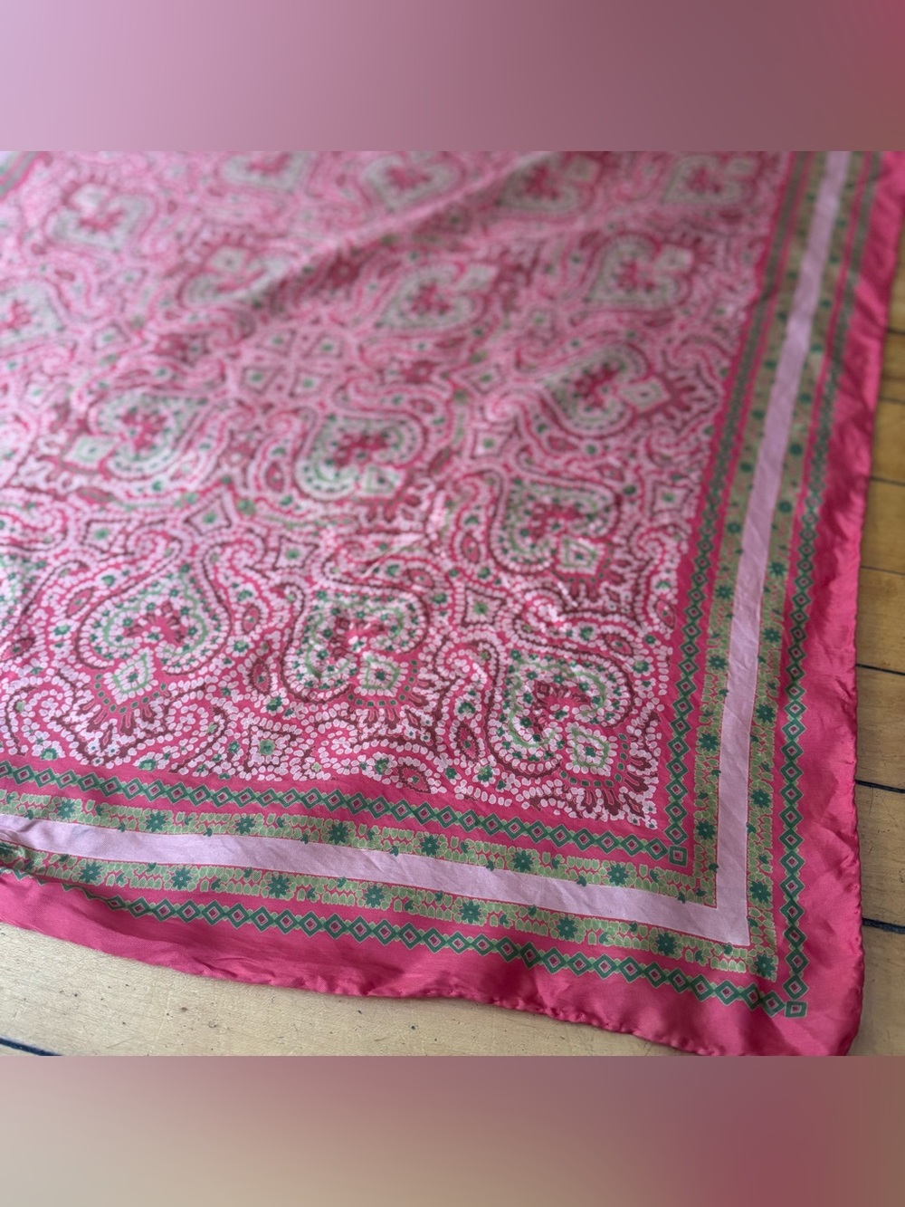Vintage hand rolled pure silk square scarf pink red green abstract paisely